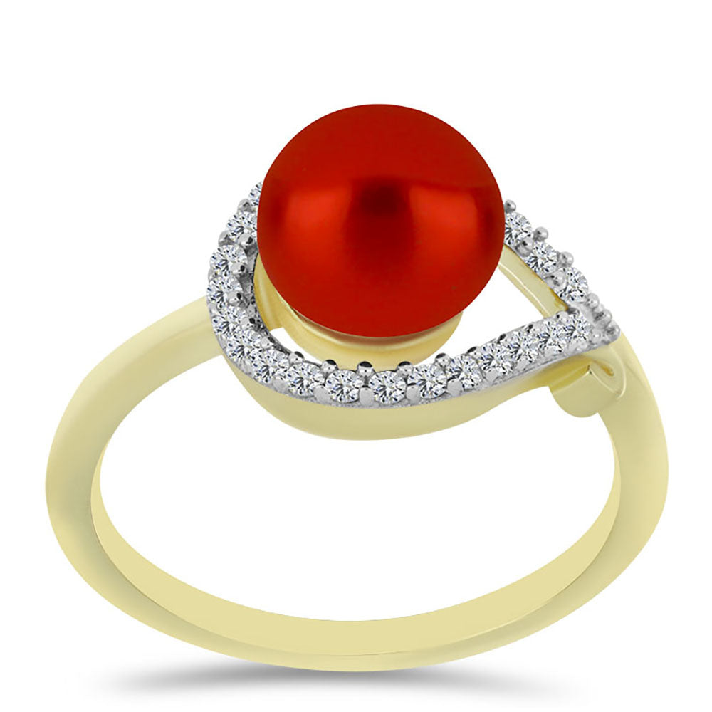 Anillo de Plata Bañada en Oro con Perla roja de río y Topacio Blanco 3 