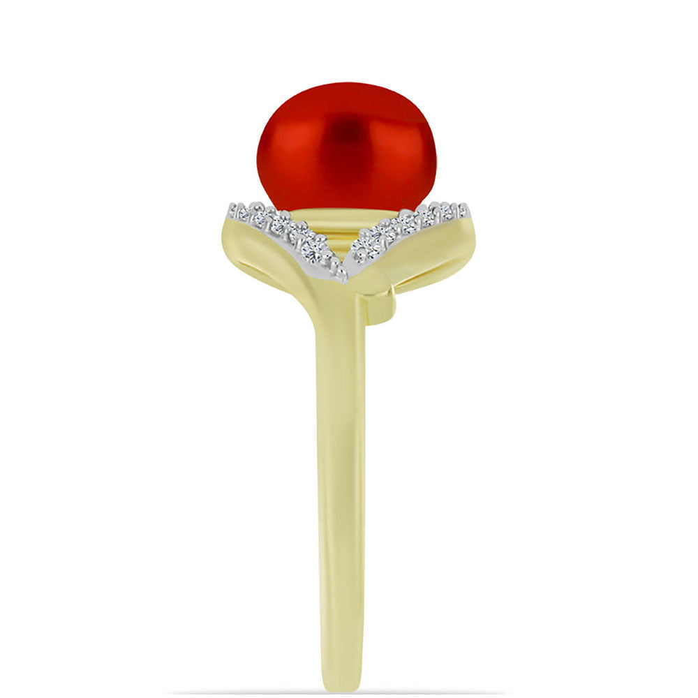 Anillo de Plata Bañada en Oro con Perla roja de río y Topacio Blanco 4 