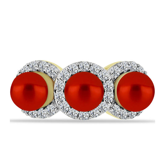 Anillo de Plata Bañada en Oro con Perla roja de río y Topacio Blanco