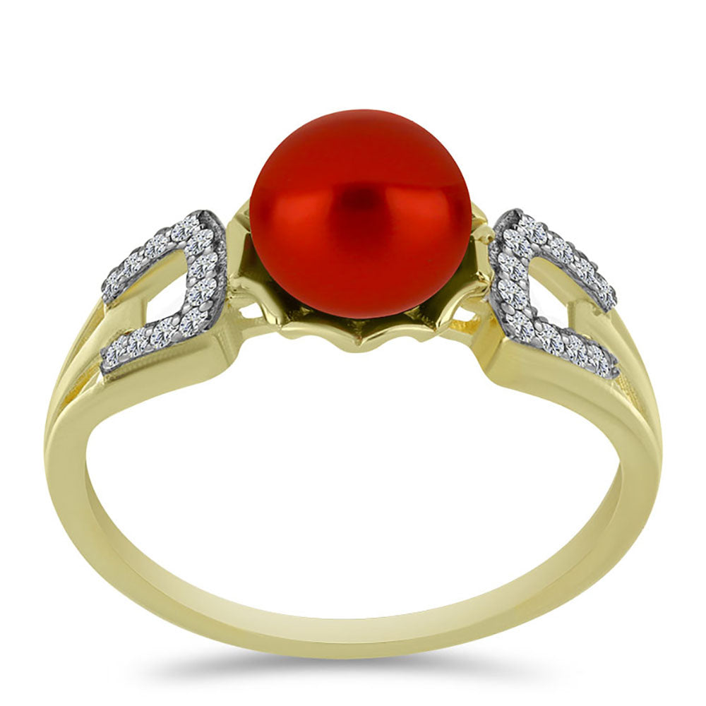Anillo de Plata Bañada en Oro con Perla roja de río y Topacio Blanco 3 