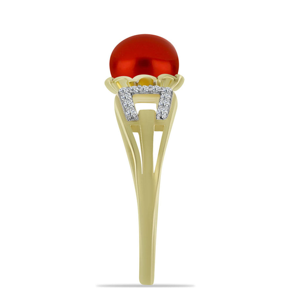 Anillo de Plata Bañada en Oro con Perla roja de río y Topacio Blanco 4 
