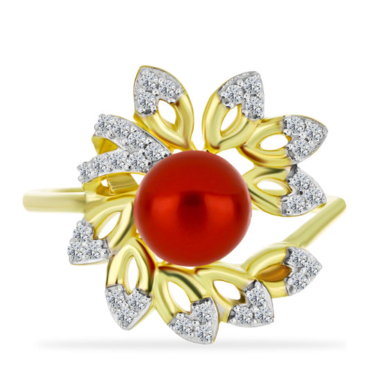 Anillo de Plata Bañada en Oro con Perla roja de río y Topacio Blanco
