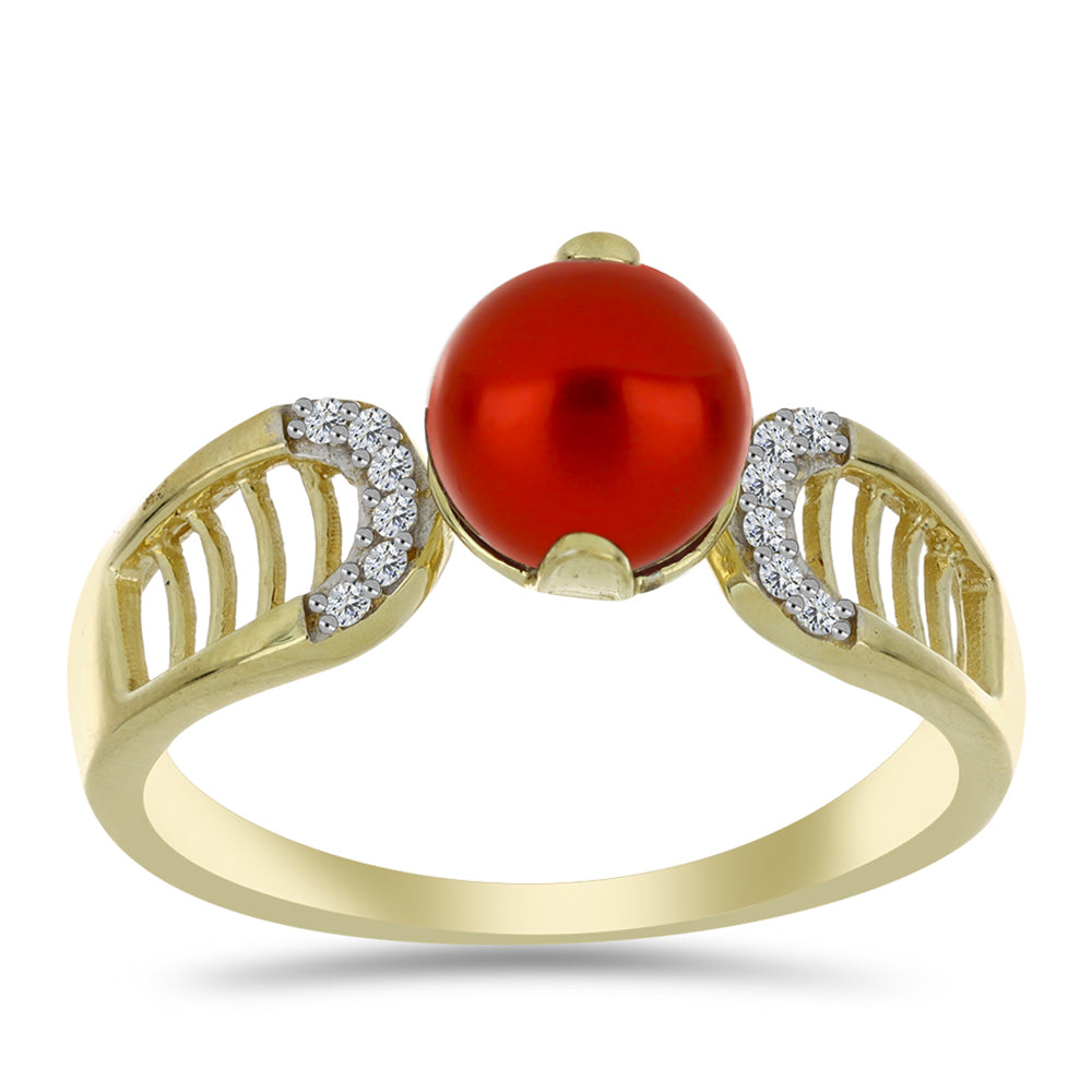 Anillo de Plata Bañada en Oro con Perla roja de río y Topacio Blanco 3 