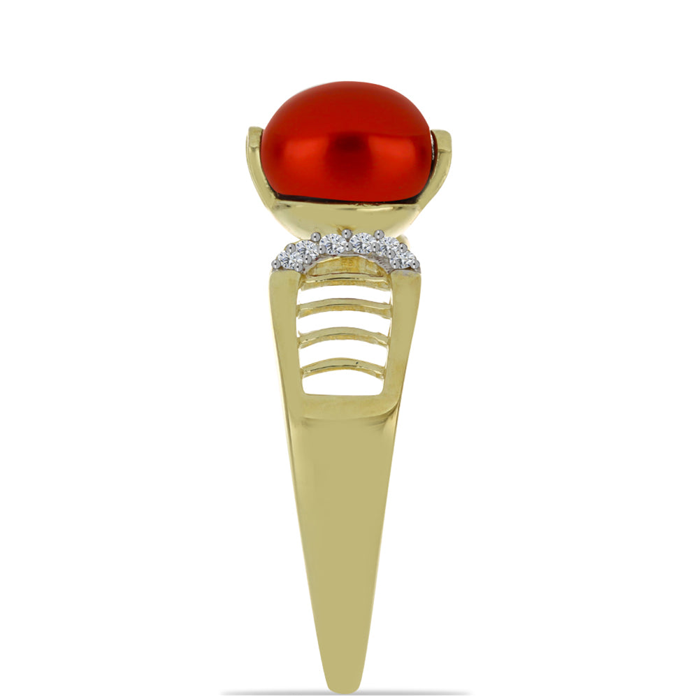 Anillo de Plata Bañada en Oro con Perla roja de río y Topacio Blanco 4 