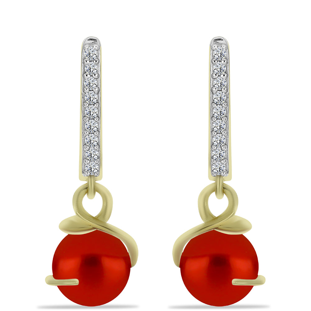 Pendientes de Plata Bañada en Oro con Perla roja de río y Topacio Blanco