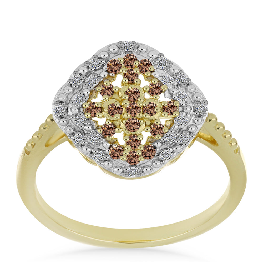 Anillo de Plata Bañada en Oro con Diamante Champagne y Diamante blanco 3 