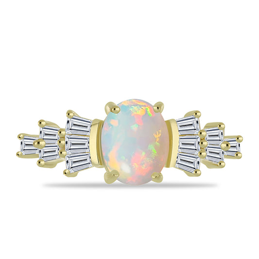 Anillo de Plata Bañada en Oro con Ópalo Welo y Zircón Blanco