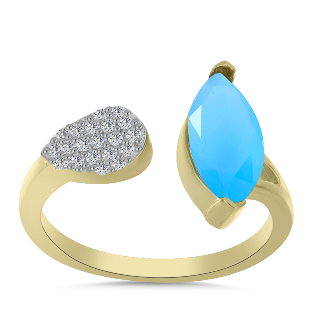 Anillo de Plata Bañada en Oro con Calcedonia Aqua y Topacio Blanco 3 