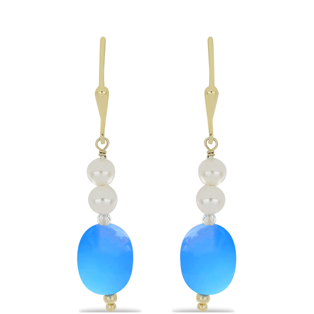Pendientes de Plata Bañada en Oro con Calcedonia Aqua y Cuarzo Blanco 1 