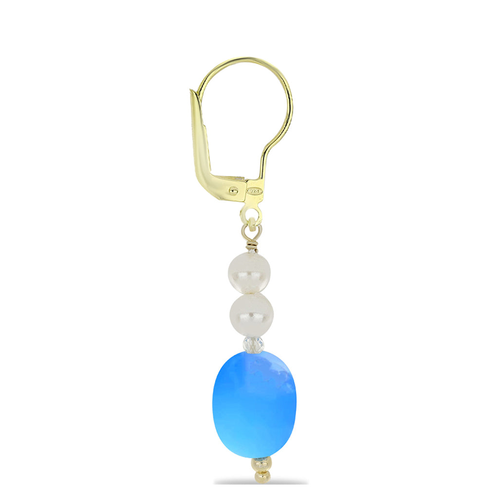 Pendientes de Plata Bañada en Oro con Calcedonia Aqua y Cuarzo Blanco 2 