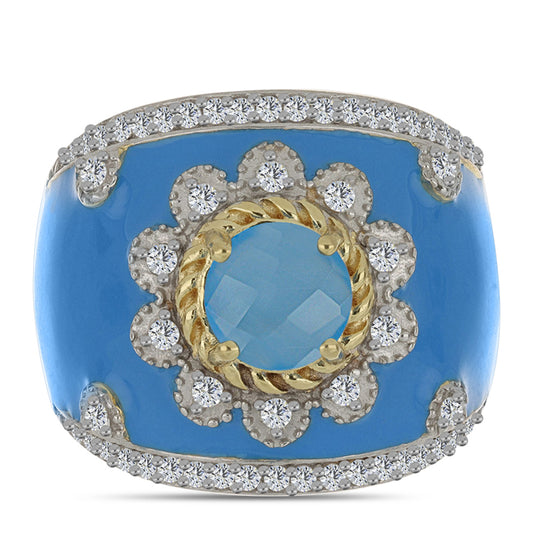 Anillo de Plata Bañada en Oro con Calcedonia Aqua y Topacio Blanco