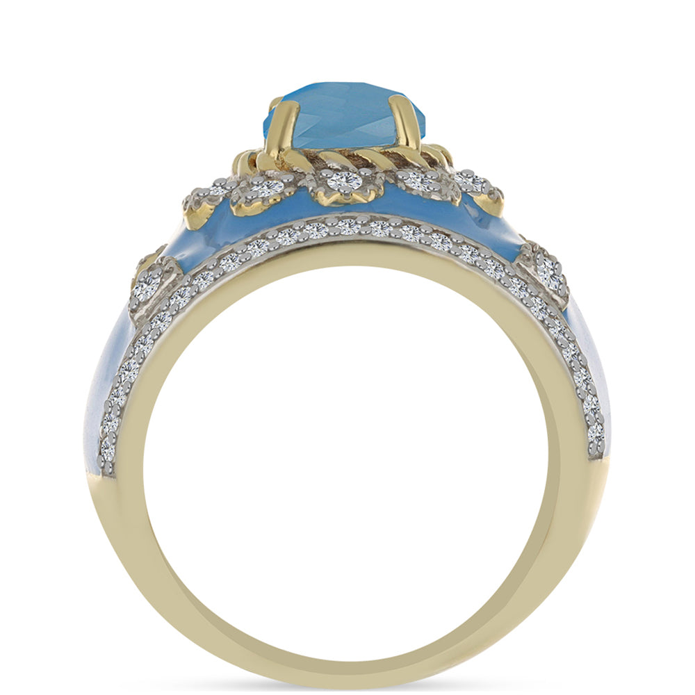 Anillo de Plata Bañada en Oro con Calcedonia Aqua y Topacio Blanco 2 