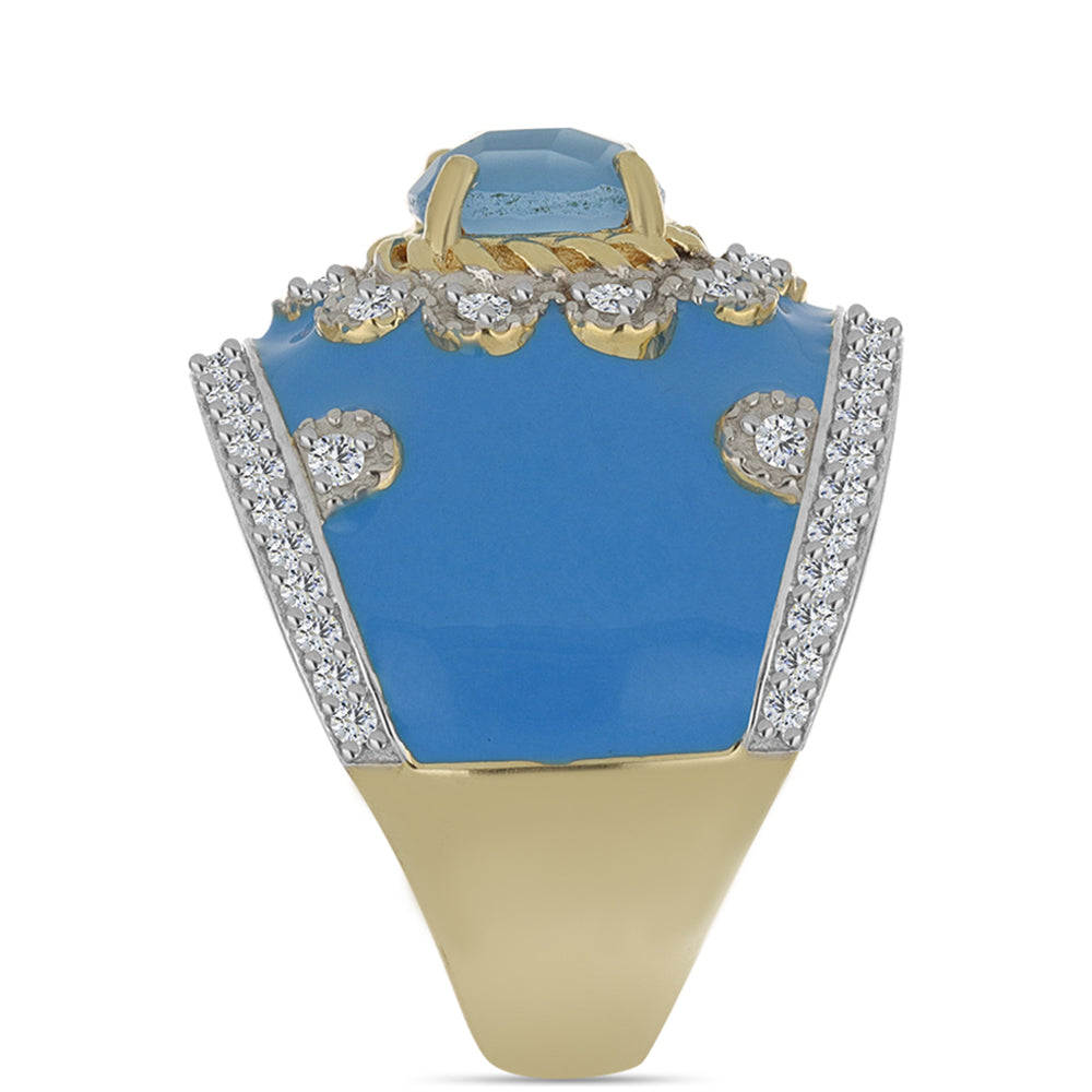 Anillo de Plata Bañada en Oro con Calcedonia Aqua y Topacio Blanco 4 