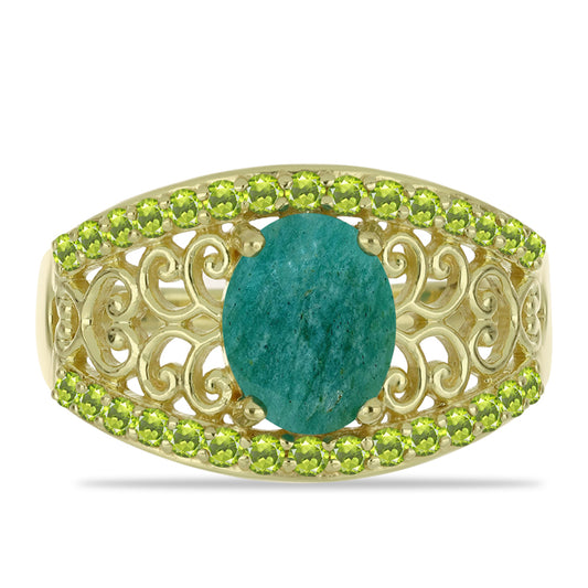 Anillo de Plata Bañada en Oro con Amazonita y Peridoto de Changbai