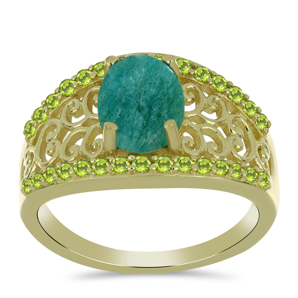 Anillo de Plata Bañada en Oro con Amazonita y Peridoto de Changbai 3 