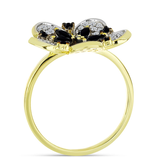 Anillo de Plata Bañada en Oro con Espinela Negra y Topacio Blanco