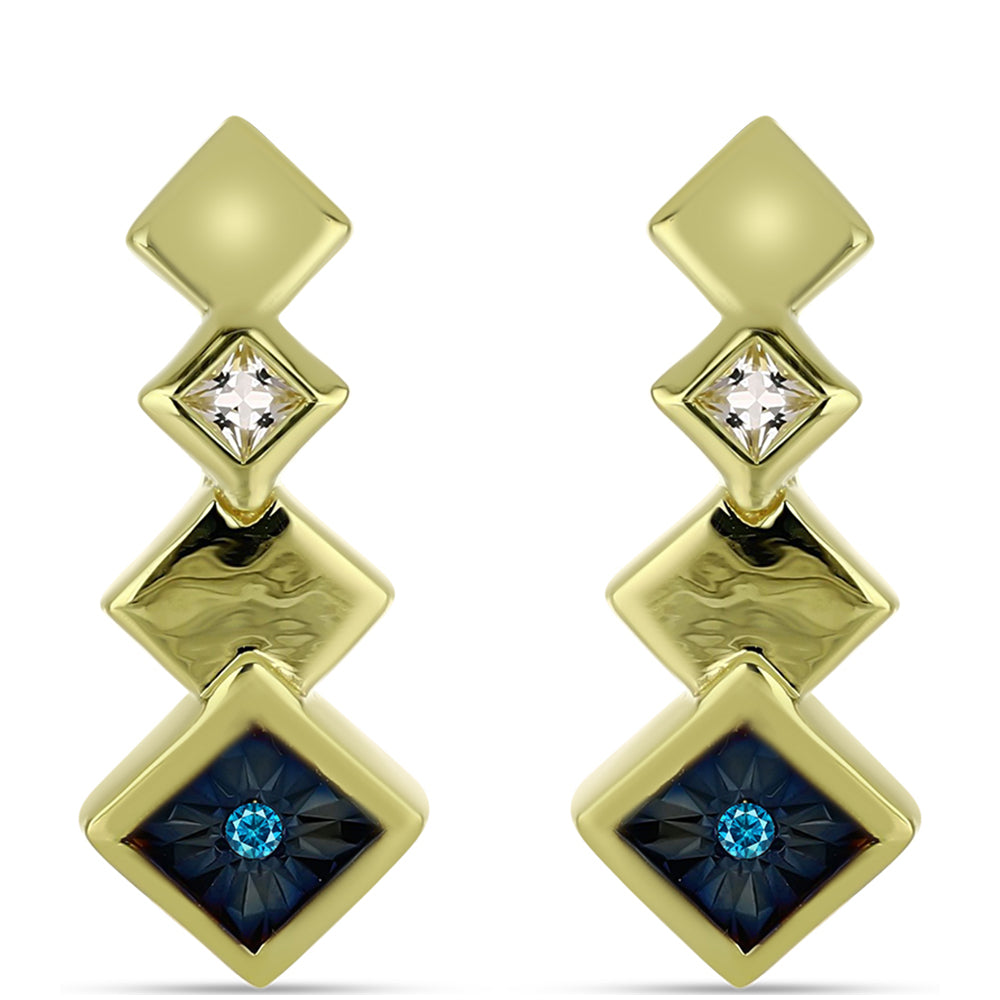 Pendientes de Plata Bañada en Oro con Diamante Azul y Topacio Blanco 1 