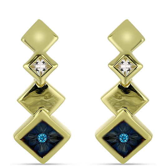 Pendientes de Plata Bañada en Oro con Diamante Azul y Topacio Blanco
