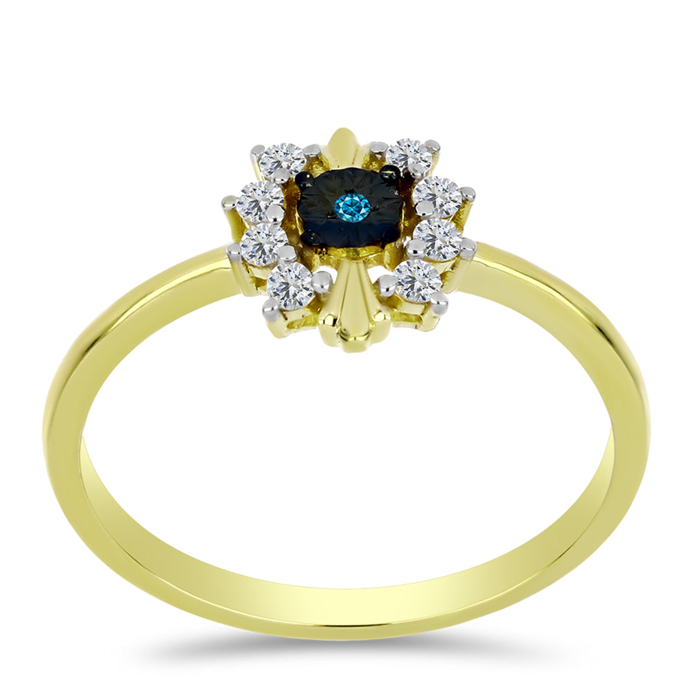 Anillo de Plata Bañada en Oro con Diamante Azul y Topacio Blanco 3 
