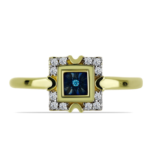 Anillo de Plata Bañada en Oro con Diamante Azul y Topacio Blanco