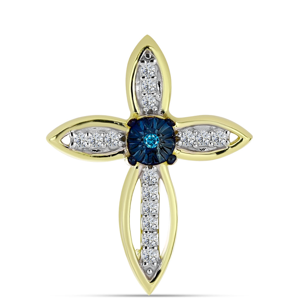 Cruz Broche de Plata Bañada en Oro con Diamante Azul y Topacio Blanco 1 