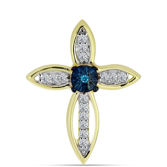 Cruz Broche de Plata Bañada en Oro con Diamante Azul y Topacio Blanco