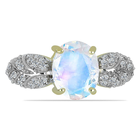 Anillo de Plata Bañada en Oro con Piedra Lunar Arco Iris y Topacio Blanco