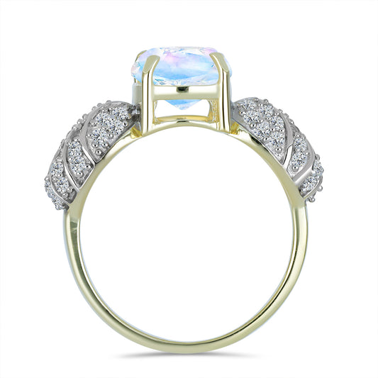 Anillo de Plata Bañada en Oro con Piedra Lunar Arco Iris y Topacio Blanco