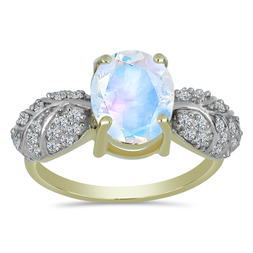 Anillo de Plata Bañada en Oro con Piedra Lunar Arco Iris y Topacio Blanco