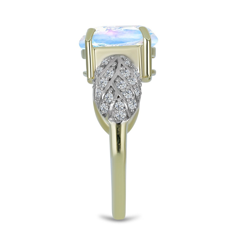Anillo de Plata Bañada en Oro con Piedra Lunar Arco Iris y Topacio Blanco 4 
