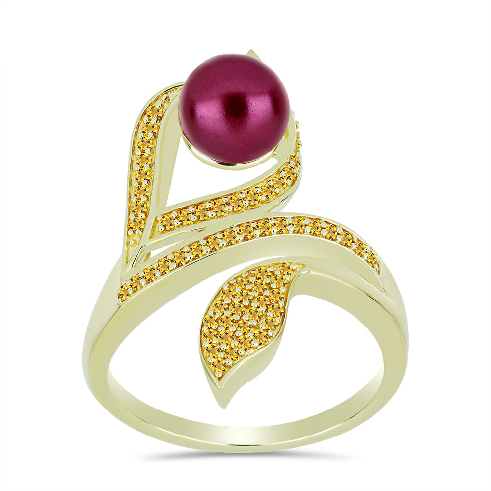Anillo de Plata Bañada en Oro con Perla Púrpura de Agua dulce y Citrino de los Montes Urales 3 