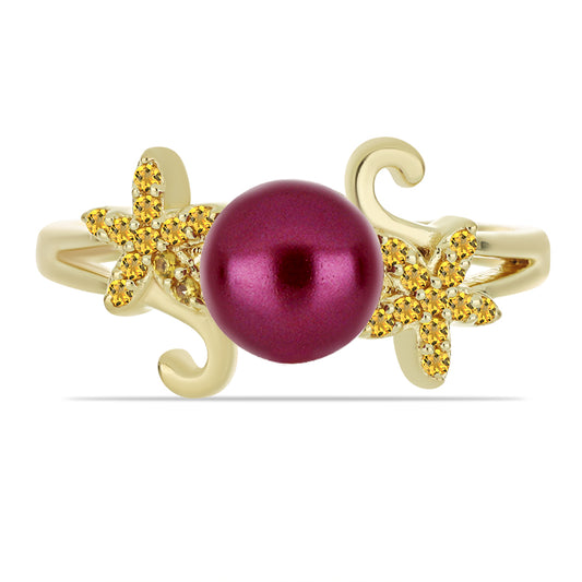 Anillo de Plata Bañada en Oro con Perla Púrpura de Agua dulce y Citrino de los Montes Urales