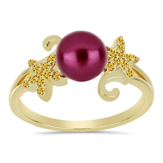 Anillo de Plata Bañada en Oro con Perla Púrpura de Agua dulce y Citrino de los Montes Urales