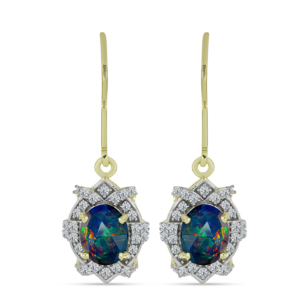 Pendientes de Plata Bañada en Oro con Ópalo negro medianoche Lega Dembi de Ëtiopía y Topacio Blanco