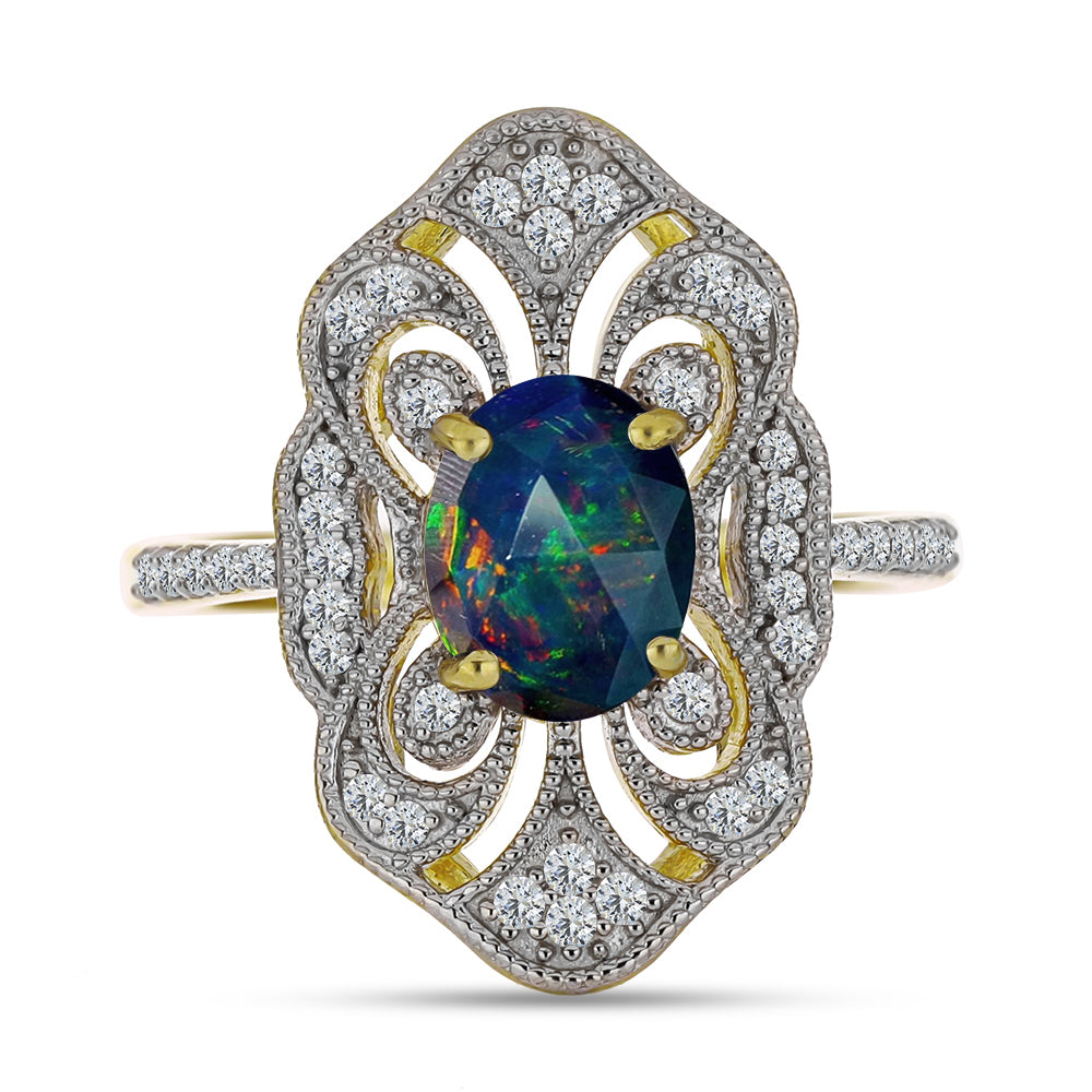 Anillo de Plata Bañada en Oro con Ópalo negro medianoche Lega Dembi de Ëtiopía y Topacio Blanco 1 