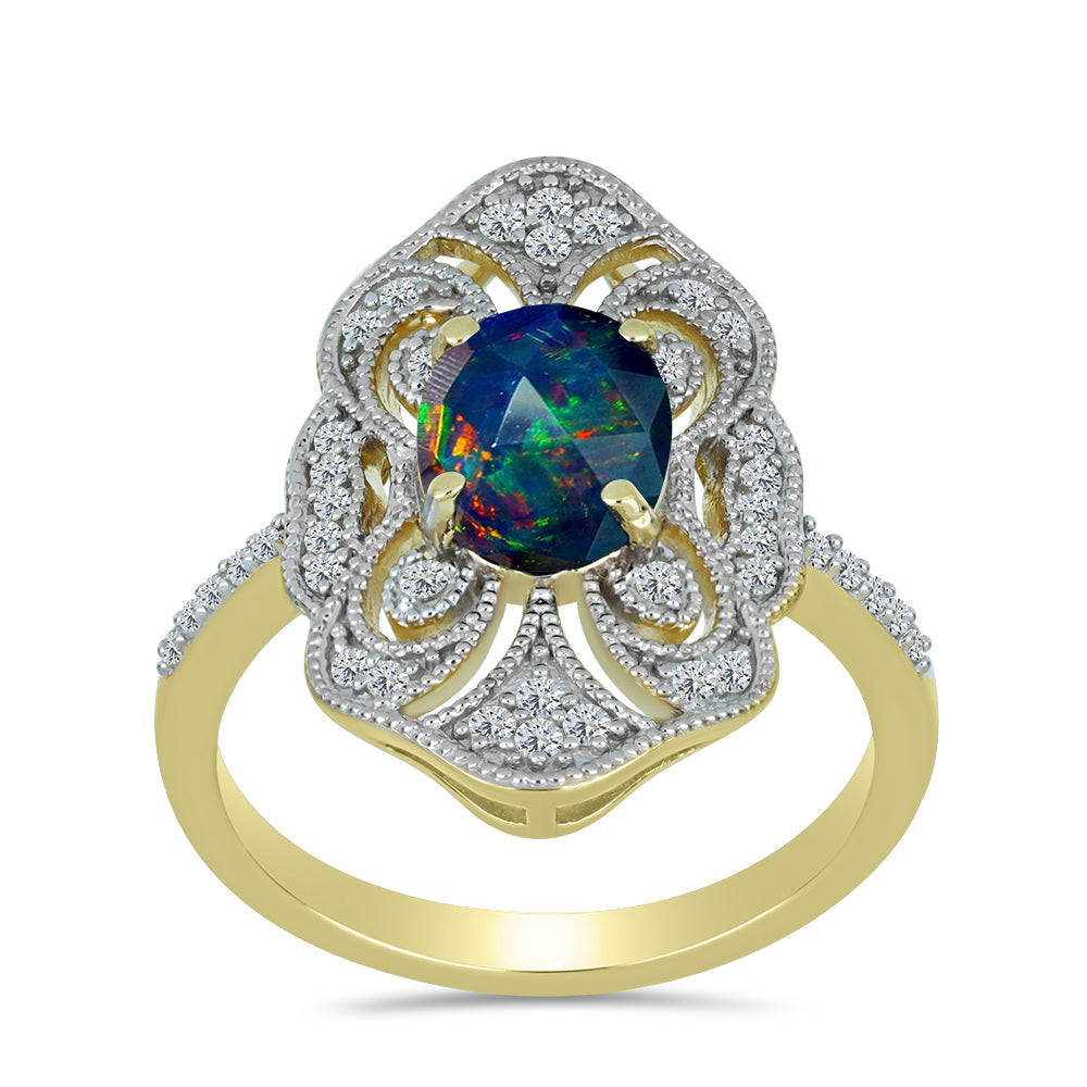 Anillo de Plata Bañada en Oro con Ópalo negro medianoche Lega Dembi de Ëtiopía y Topacio Blanco 3 