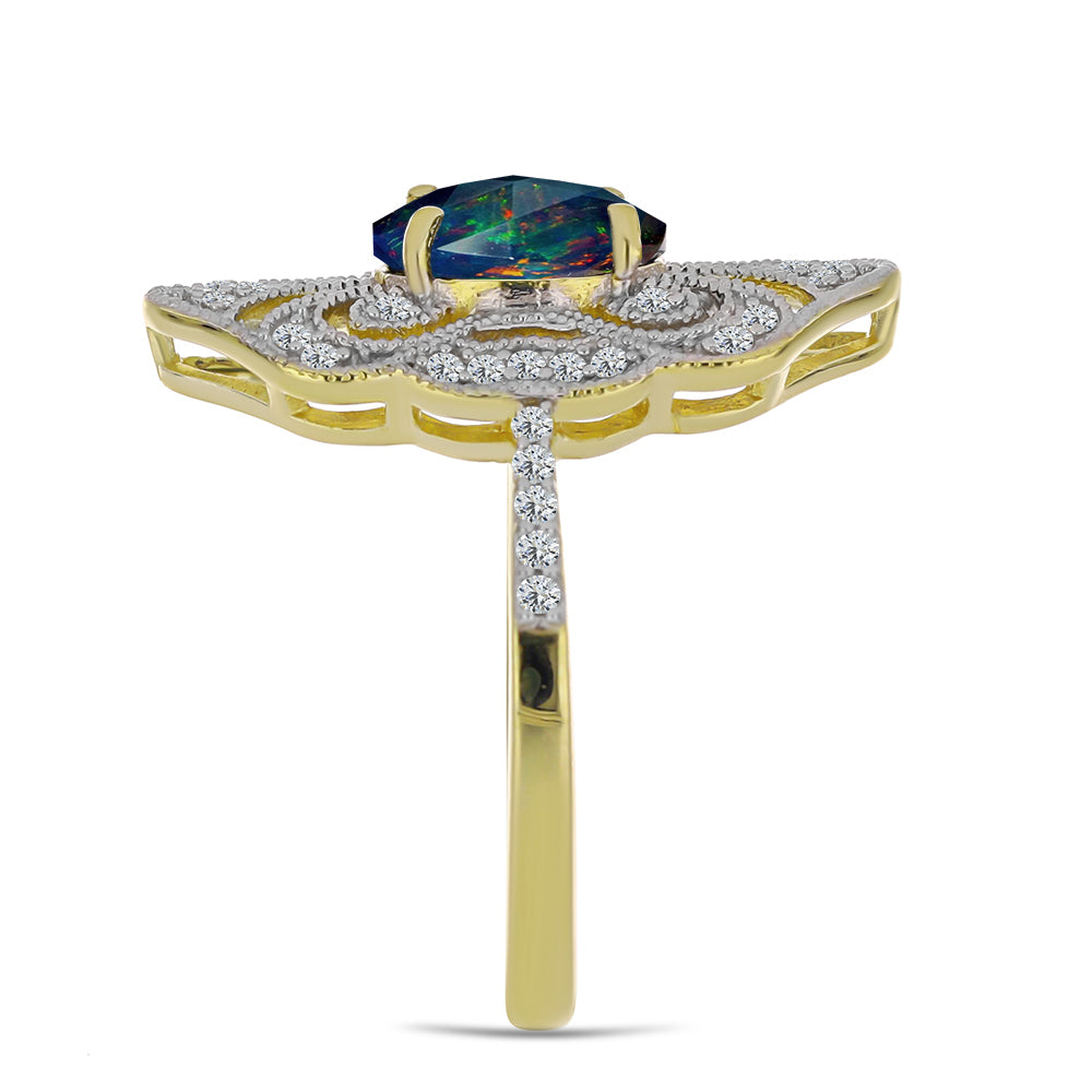 Anillo de Plata Bañada en Oro con Ópalo negro medianoche Lega Dembi de Ëtiopía y Topacio Blanco 4 