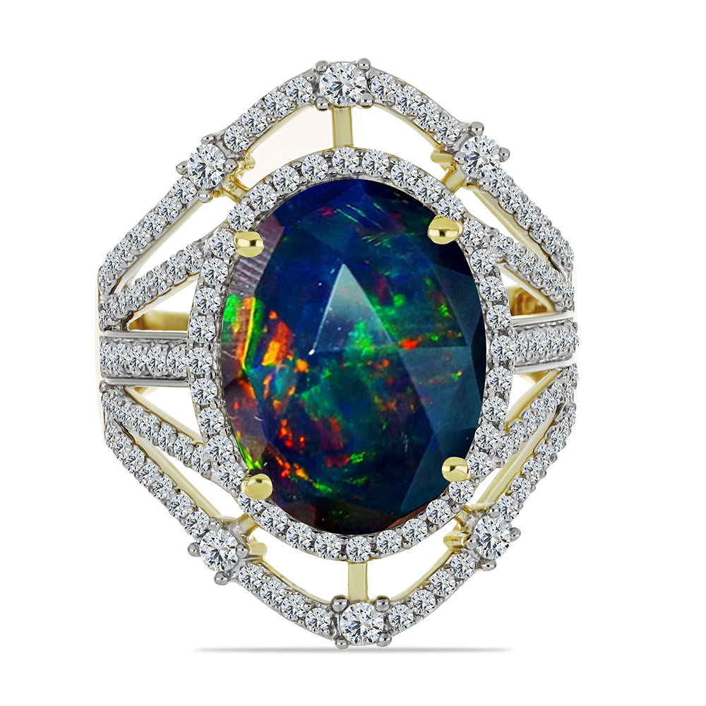 Anillo de Plata Bañada en Oro con Ópalo negro medianoche Lega Dembi de Ëtiopía y Topacio Blanco