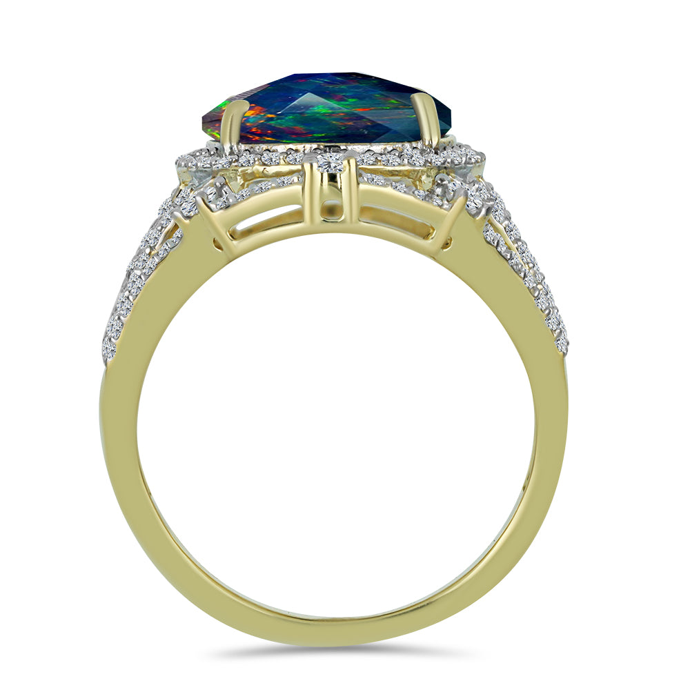 Anillo de Plata Bañada en Oro con Ópalo negro medianoche Lega Dembi de Ëtiopía y Topacio Blanco 2 