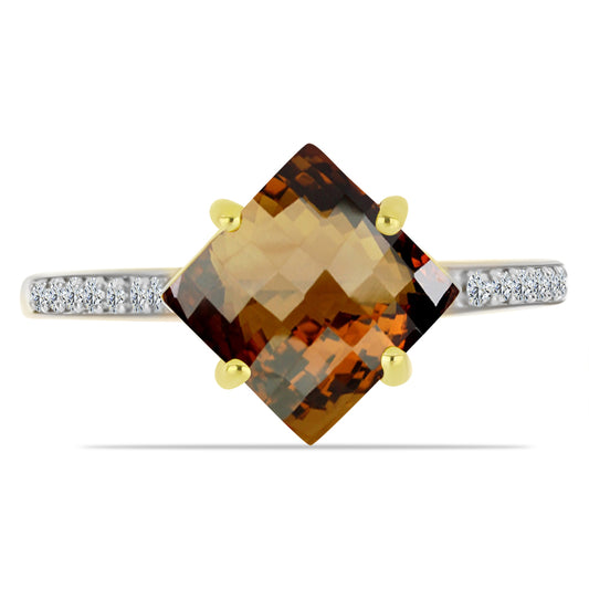 Anillo de Plata Bañada en Oro con Cuarzo Coñac y Topacio Blanco