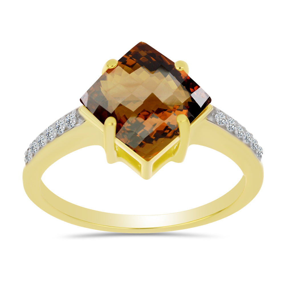 Anillo de Plata Bañada en Oro con Cuarzo Coñac y Topacio Blanco 3 