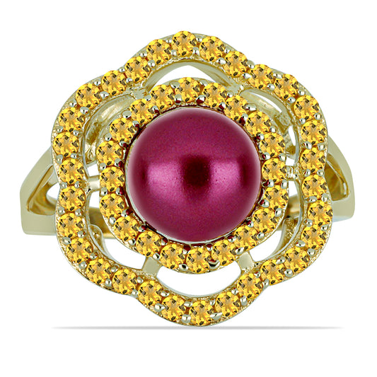 Anillo de Plata Bañada en Oro con Perla Púrpura de Agua dulce y Citrino de los Montes Urales