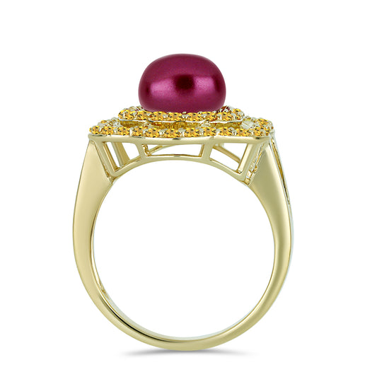 Anillo de Plata Bañada en Oro con Perla Púrpura de Agua dulce y Citrino de los Montes Urales