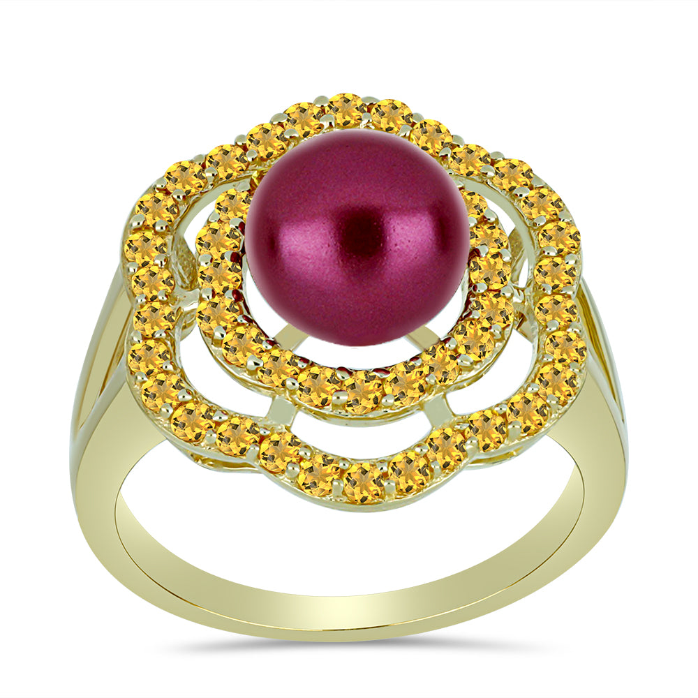 Anillo de Plata Bañada en Oro con Perla Púrpura de Agua dulce y Citrino de los Montes Urales