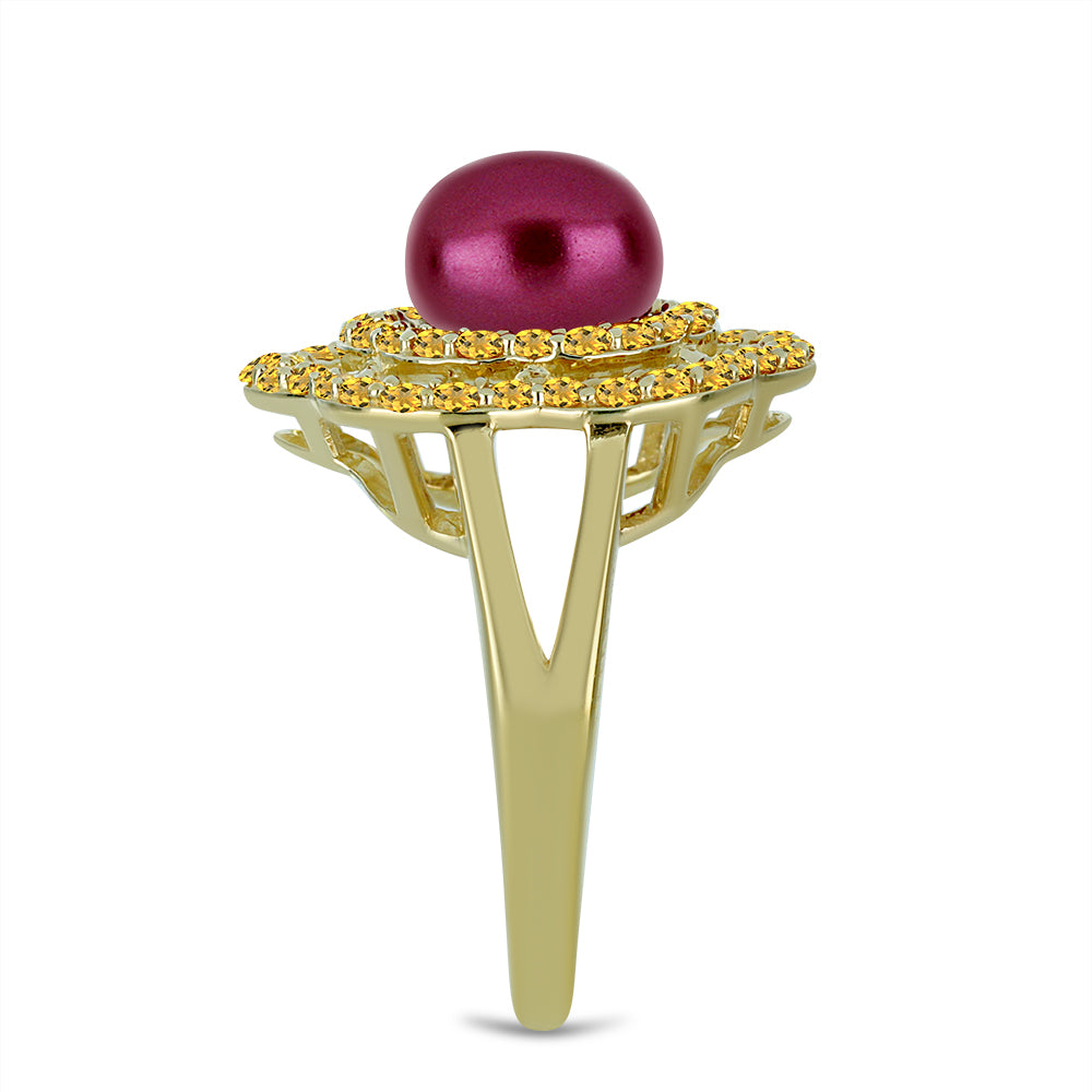 Anillo de Plata Bañada en Oro con Perla Púrpura de Agua dulce y Citrino de los Montes Urales