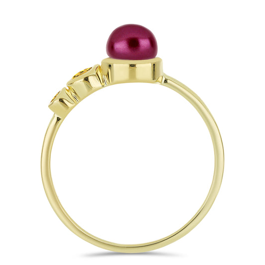 Anillo de Plata Bañada en Oro con Perla Púrpura de Agua dulce y Citrino de los Montes Urales
