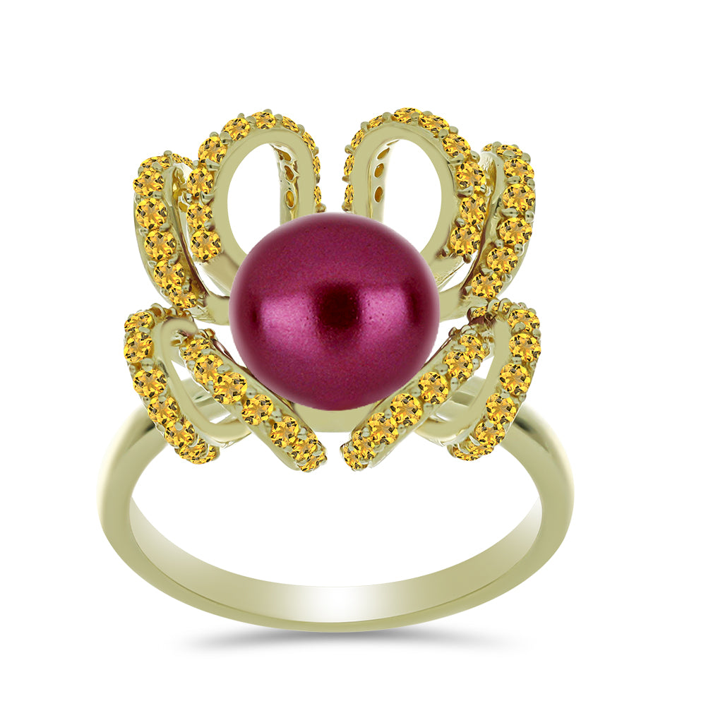 Anillo de Plata Bañada en Oro con Perla Púrpura de Agua dulce y Citrino de los Montes Urales 3 