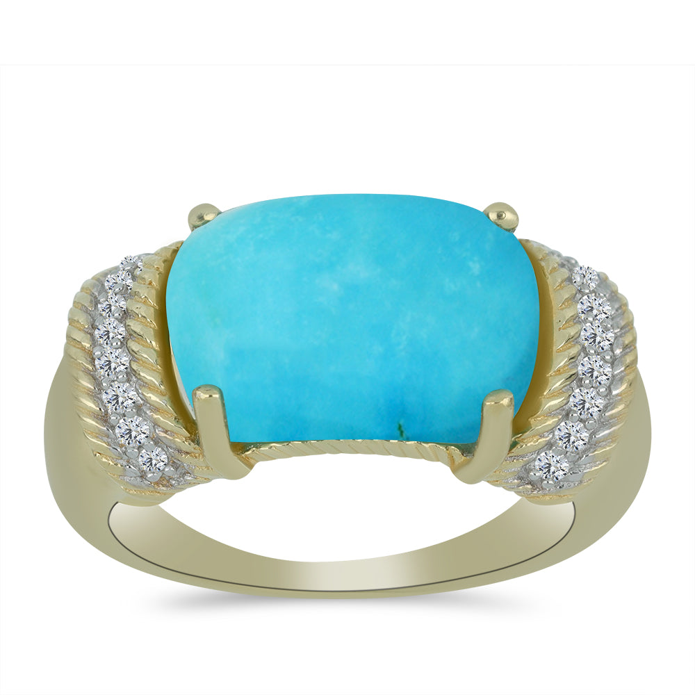 Anillo de Plata Bañada en Oro con Turquesa Bella Durmiente y Topacio Blanco 3 