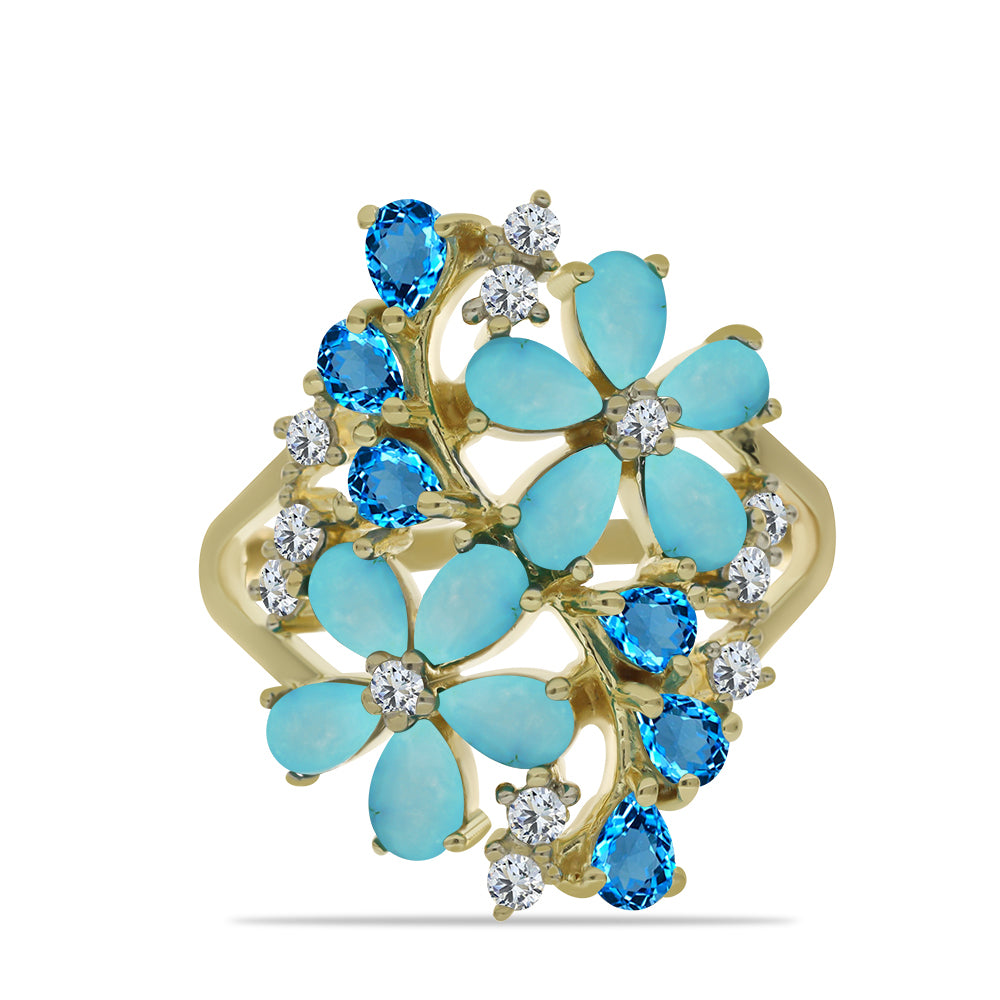 Anillo de Plata Bañada en Oro con Turquesa Bella Durmiente y Topacio Azul Suizo 1 