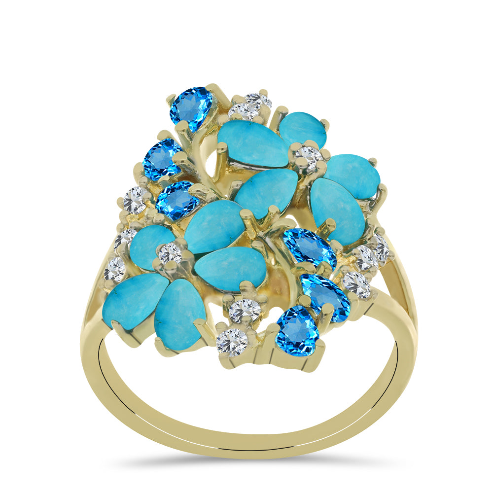 Anillo de Plata Bañada en Oro con Turquesa Bella Durmiente y Topacio Azul Suizo